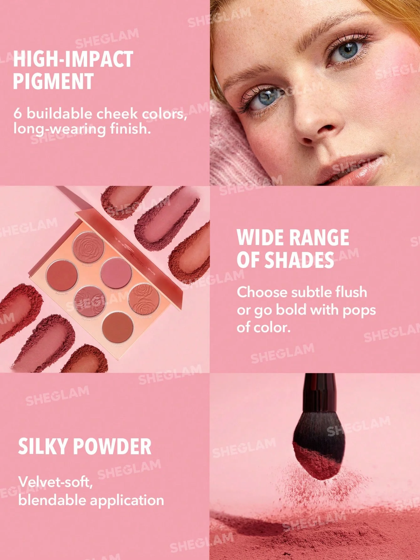 پالت رژگونه 6 رنگ شیگلم مدل floral flush blush رنگ های جذاب با پیگمنت بالا کد 3755 رنگ Blushing Bouquet