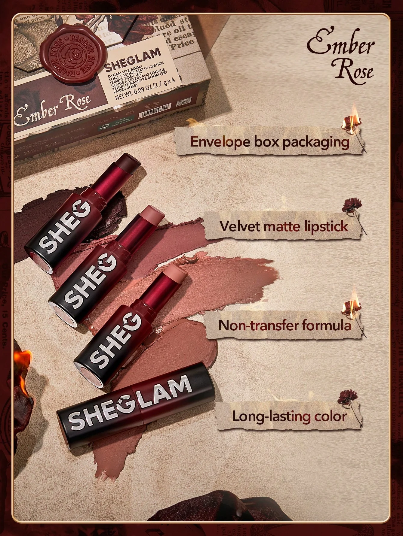 ست رژ لب جامد مات با دوام شیگلم مدل Ember Rose