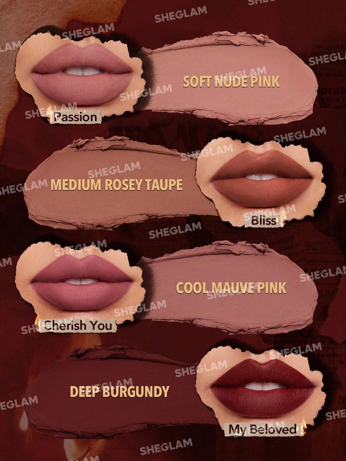 ست رژ لب جامد مات با دوام شیگلم مدل Ember Rose