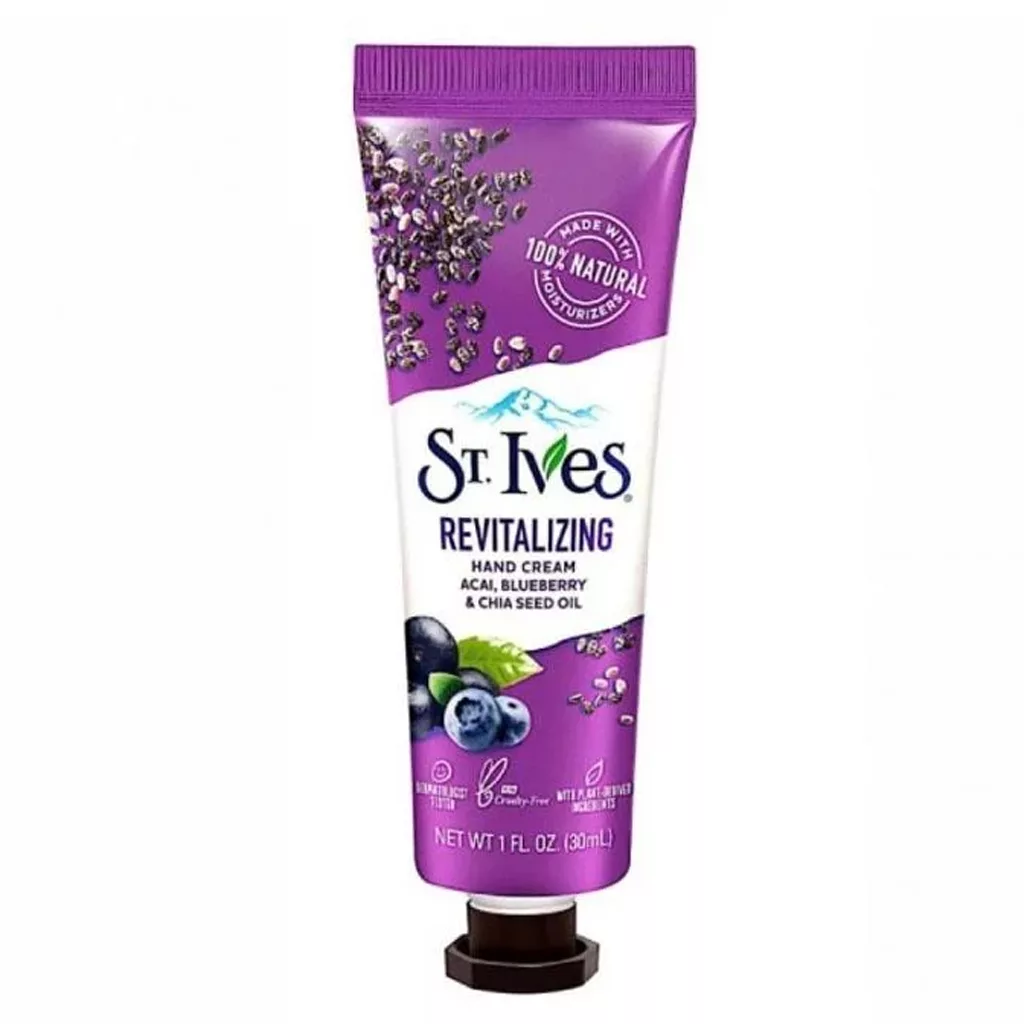St.-Ives-Soothing-Hand-Cream-with-Raspberry-and-Chia-Seed-Oil---30-ml کرم دست سنت ایوز بلو بری آکای بری دانه چیا REVITALIZING