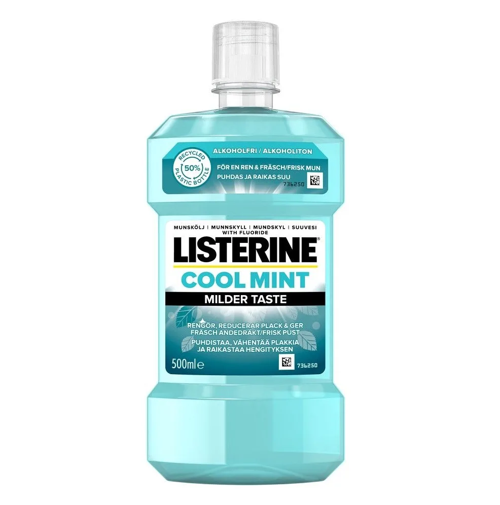 دهانشویه لیسترین ضد عفونی کننده خنک نعنایی بدون الکل 500میل Listerine cool mint دهانشویه لیسترین ضد عفونی کننده خنک نعنایی بدون الکل 500میل Listerine cool mint