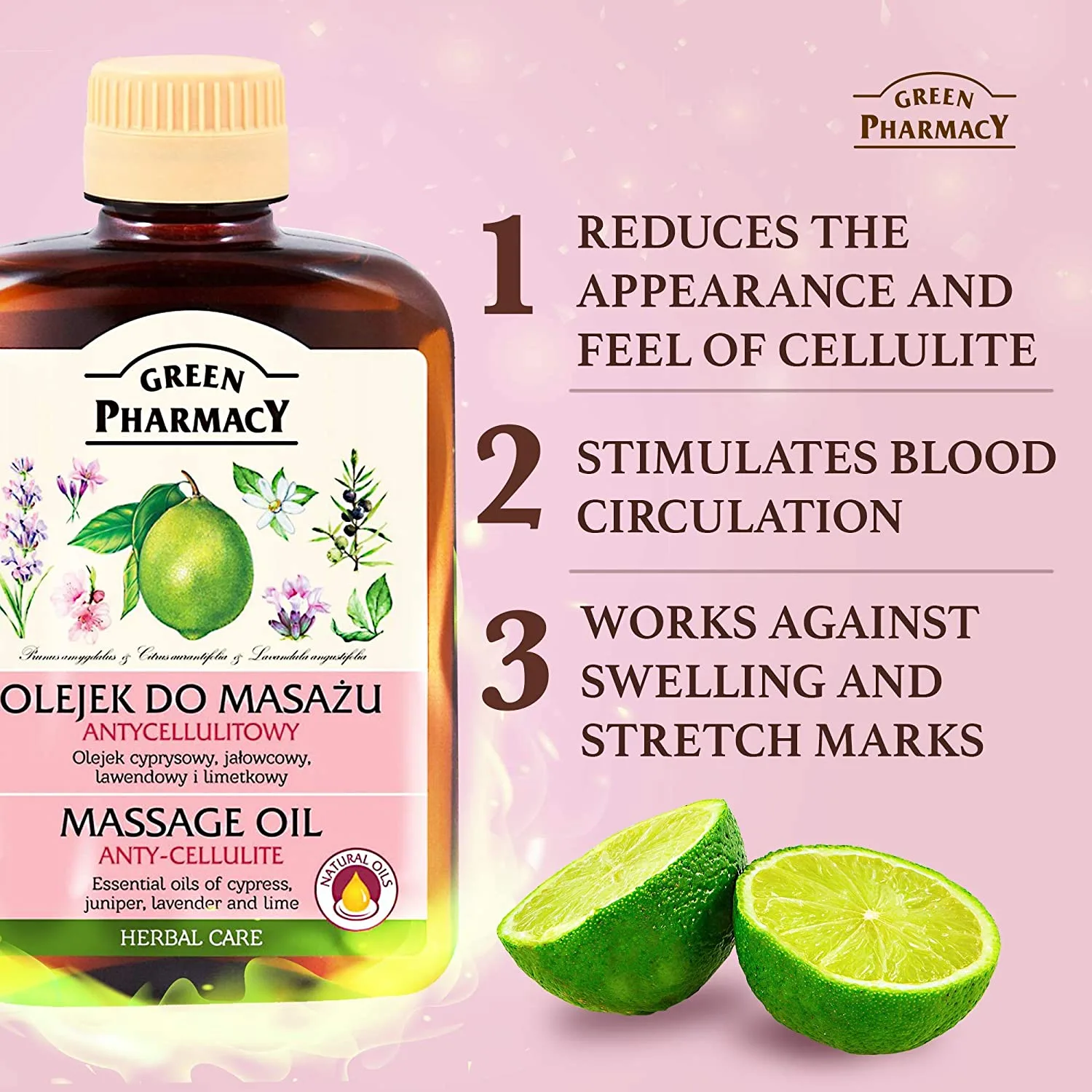 روغن ماساژ بدن گرین فارماسی ضد سلولیت حاوی روغن طبیعی بادام آهک و اسطوخودوس و درخت سرو 200میل